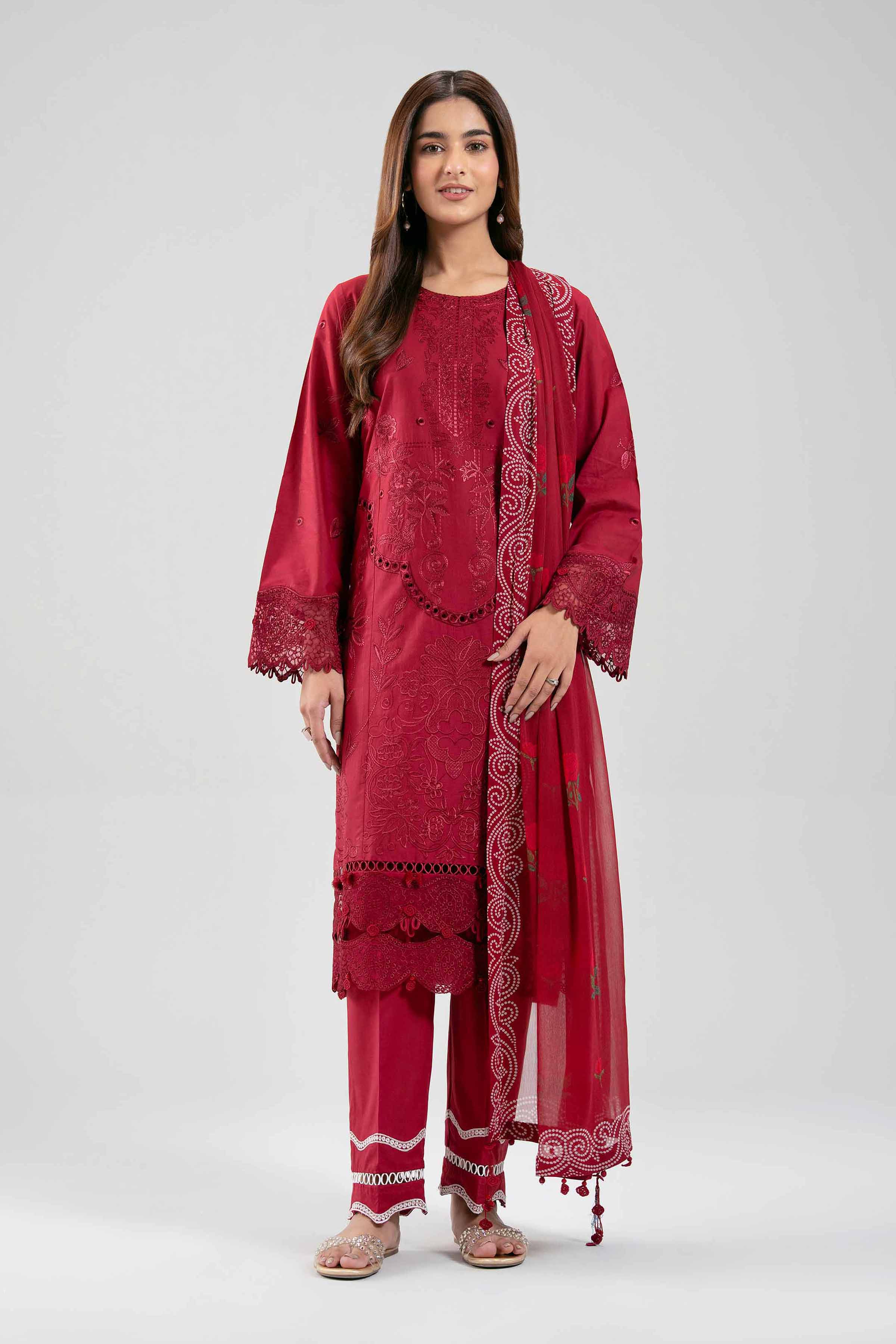Original Nishat Linen 3 Piece Unstitched Suit – Dark Red (42601285)